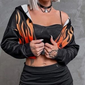 Fire Print Zip Up Drop Shoulder Hooded Crop Jacket NWT Flame Print
